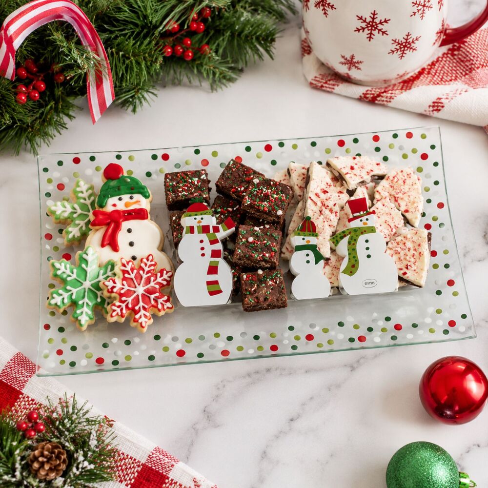 Pampered Chef Snowmen Dots Glass Divided Platter 3012 Christmas 13.5"
